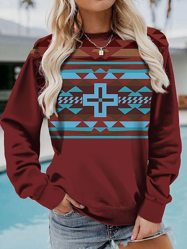 Vintage Casual Geometric Round Neck Long Sleeve Sweatshirt - Image 2