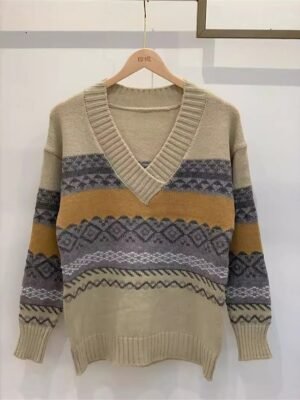 Vintage Casual Geometric V Neck Long Sleeve Regular Jumper - Image 2