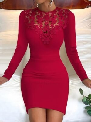 Vintage Casual Lace Patchwork Crew Neck Long Sleeve Mini Dress - Image 1