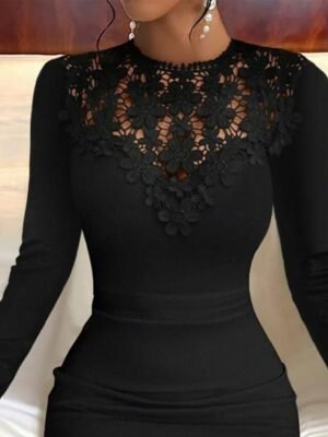 Vintage Casual Lace Patchwork Crew Neck Long Sleeve Mini Dress - Image 3