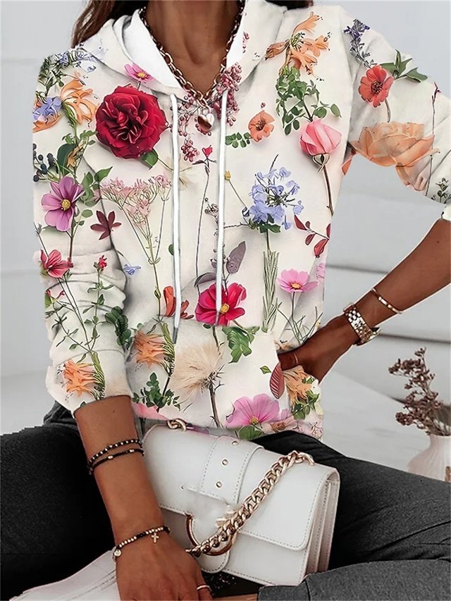 Vintage Casual Loose Floral Drawstring Long Sleeve Hoodie - Image 1