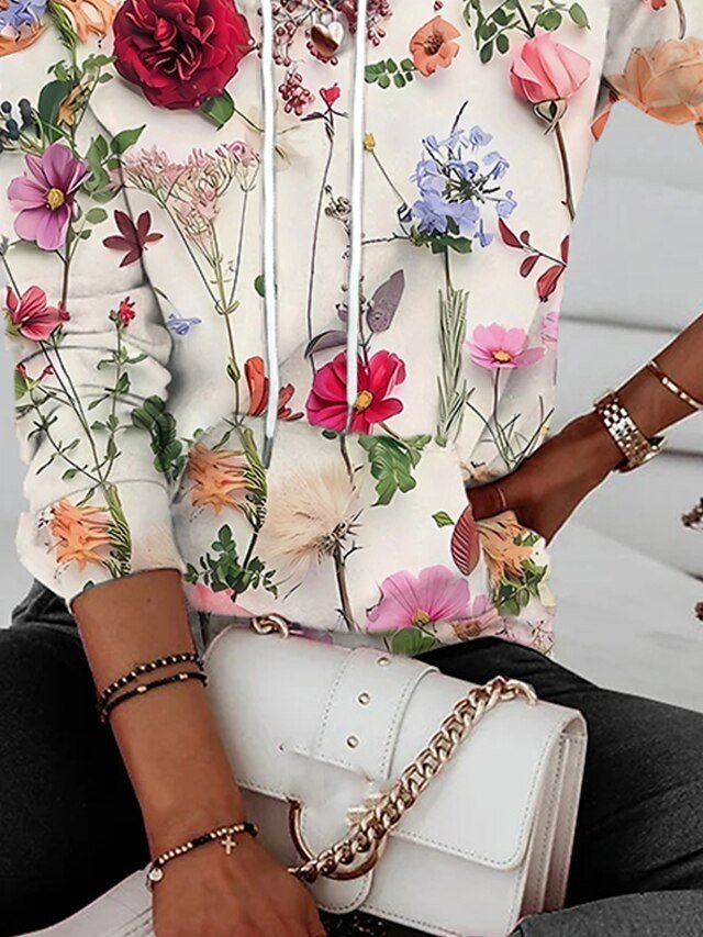 Vintage Casual Loose Floral Drawstring Long Sleeve Hoodie - Image 2