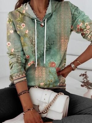 Vintage Casual Loose Floral Drawstring Long Sleeve Hoodie - Image 4