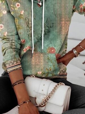 Vintage Casual Loose Floral Drawstring Long Sleeve Hoodie - Image 5