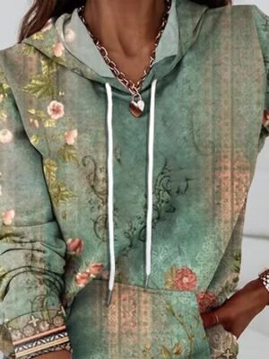 Vintage Casual Loose Floral Drawstring Long Sleeve Hoodie - Image 6