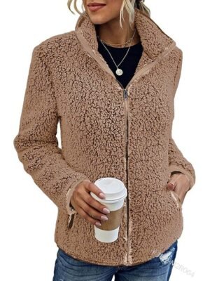 Vintage Casual Loose Solid V Neck Long Sleeve Fleece Jacket - Image 2