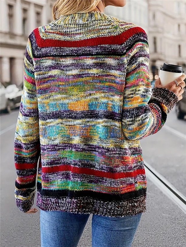 Vintage Casual Open Front Rainbow Long Sleeve Cardigan - Image 2