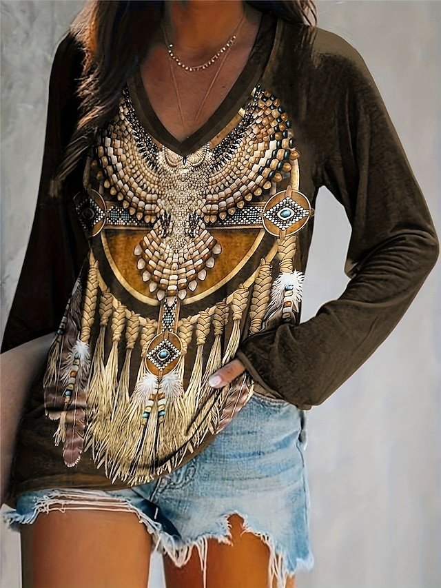 Vintage Casual Print V Neck Long Sleeve Regular Top - Image 1