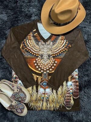 Vintage Casual Print V Neck Long Sleeve Regular Top - Image 3