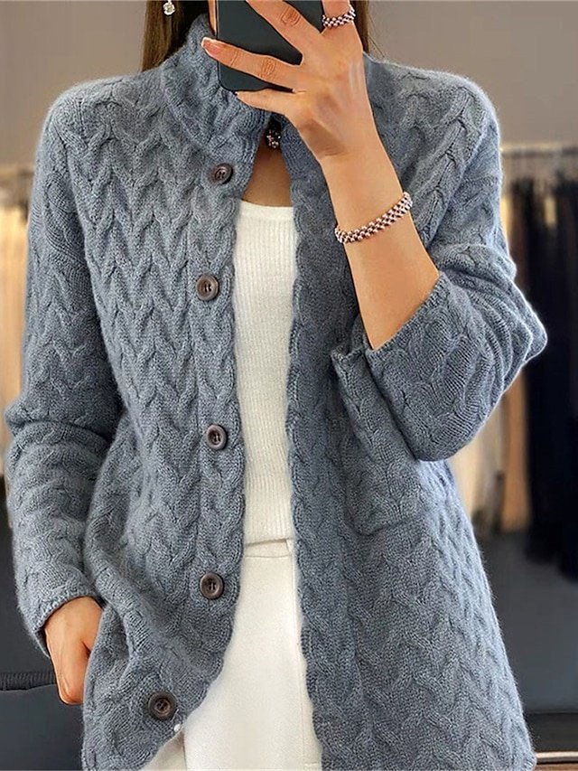 Vintage Casual Solid Stand Collar Long Sleeve Cardigan - Image 1
