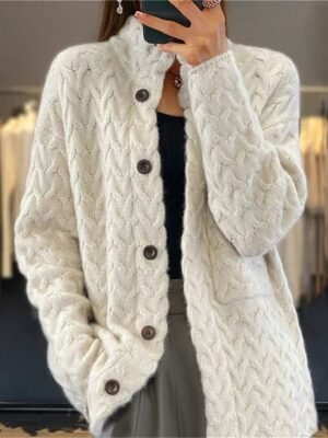 Vintage Casual Solid Stand Collar Long Sleeve Cardigan - Image 2