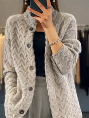 Vintage Casual Solid Stand Collar Long Sleeve Cardigan - Image 3