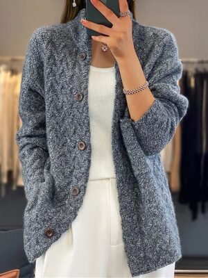 Vintage Casual Solid Stand Collar Long Sleeve Cardigan - Image 4