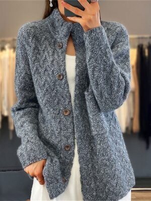Vintage Casual Solid Stand Collar Long Sleeve Cardigan - Image 5