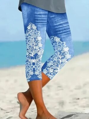 Vintage Elastic 3D Print High Waist Calf-Length Leggings - Image 15