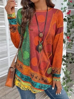 Vintage Ethnic Casual Print Crew Neck Long Sleeve Long Tops - Image 1