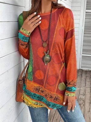 Vintage Ethnic Casual Print Crew Neck Long Sleeve Long Tops - Image 3