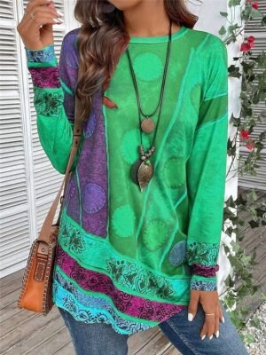 Vintage Ethnic Casual Print Crew Neck Long Sleeve Long Tops - Image 5