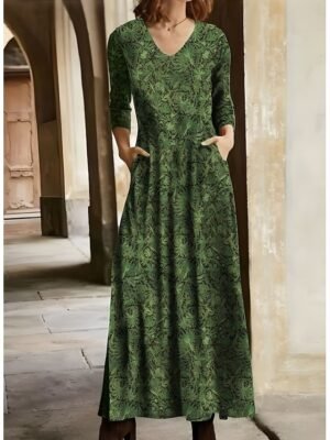 Vintage Ethnic Floral V Neck Long Sleeve Maxi Dress - Image 12