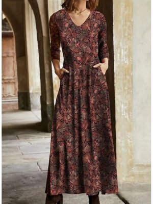 Vintage Ethnic Floral V Neck Long Sleeve Maxi Dress - Image 3
