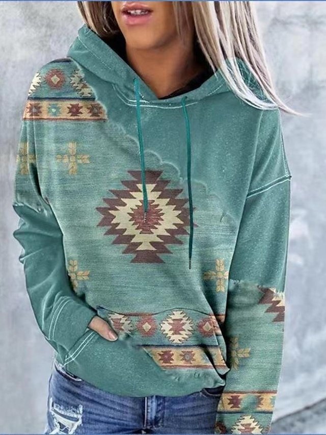 Vintage Ethnic Loose Geometric Hoodie Long Sleeve Top - Image 1