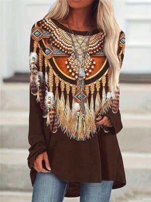 Vintage Ethnic Regular Crew Neck Long Sleeve Tee - Image 1