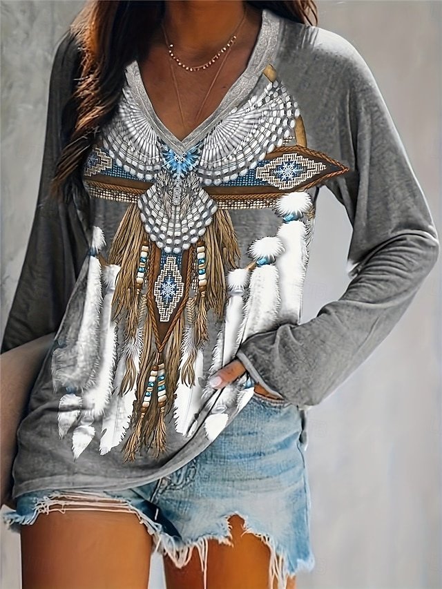 Vintage Ethnic Regular Crew Neck Long Sleeve Tee - Image 11