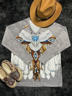 Vintage Ethnic Regular Crew Neck Long Sleeve Tee - Image 13