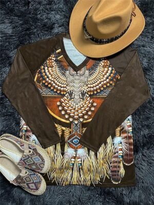 Vintage Ethnic Regular Crew Neck Long Sleeve Tee - Image 8