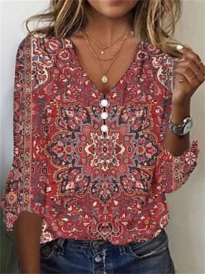 Vintage Ethnic Regular Floral V Neck 3/4 Sleeve Henley Shirt - Image 1