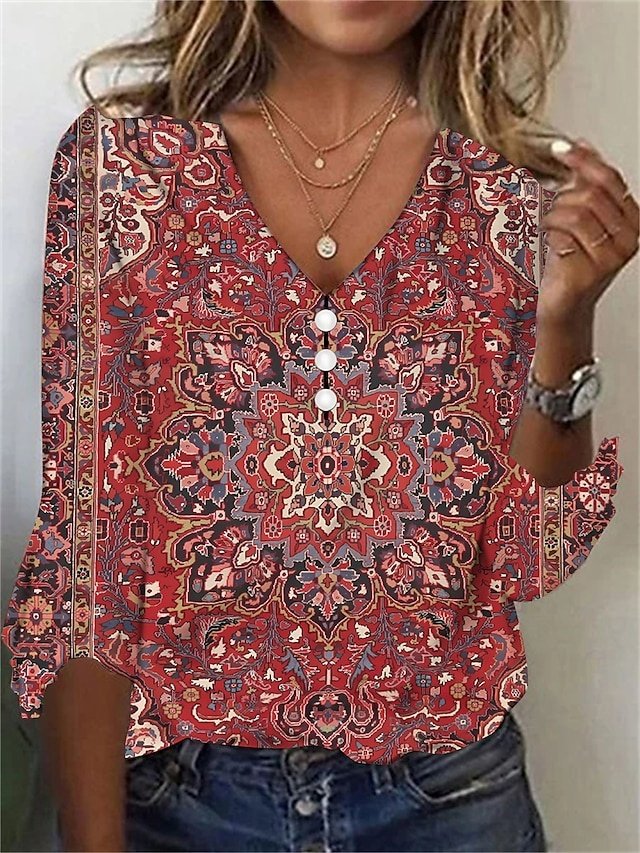 Vintage Ethnic Regular Floral V Neck 3/4 Sleeve Henley Shirt - Image 1