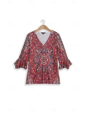 Vintage Ethnic Regular Floral V Neck 3/4 Sleeve Henley Shirt - Image 12