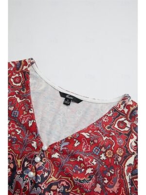 Vintage Ethnic Regular Floral V Neck 3/4 Sleeve Henley Shirt - Image 14