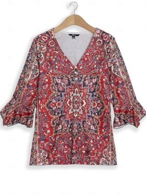 Vintage Ethnic Regular Floral V Neck 3/4 Sleeve Henley Shirt - Image 2