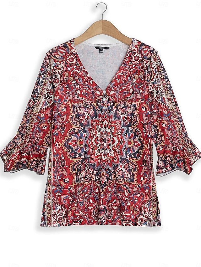 Vintage Ethnic Regular Floral V Neck 3/4 Sleeve Henley Shirt - Image 2