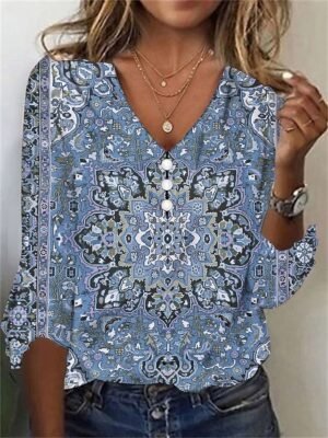 Vintage Ethnic Regular Floral V Neck 3/4 Sleeve Henley Shirt - Image 20