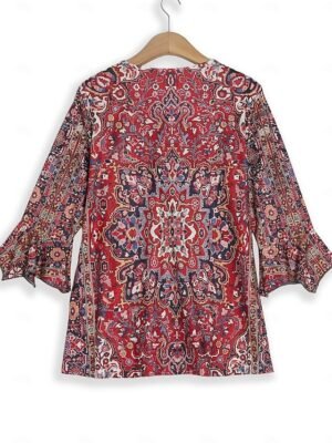 Vintage Ethnic Regular Floral V Neck 3/4 Sleeve Henley Shirt - Image 3