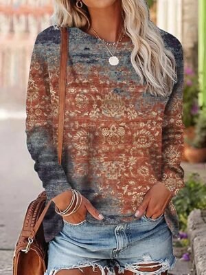 Vintage Ethnic Regular Round Neck Long Sleeve Graphic Top - Image 1