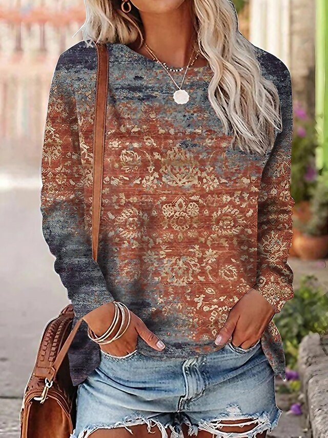 Vintage Ethnic Regular Round Neck Long Sleeve Graphic Top - Image 1