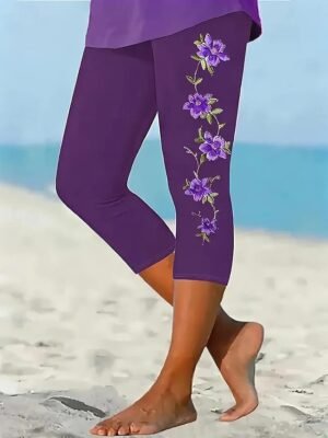 Vintage Fashion High Waisted Floral Capri Leggings - Image 1