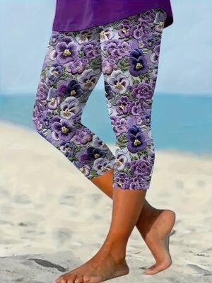 Vintage Fashion High Waisted Floral Capri Leggings - Image 2