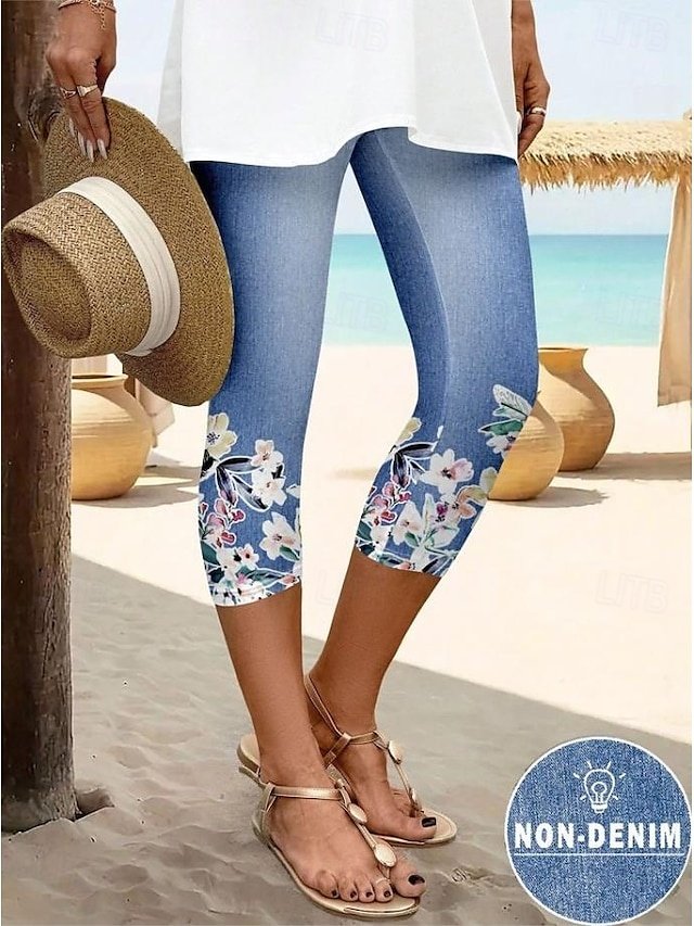 Vintage Fashion Mid Waist Floral Capri Leggings - Image 1