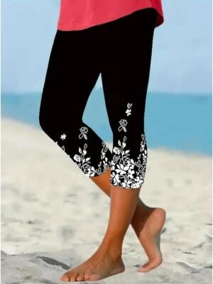 Vintage Fashion Mid Waist Floral Capri Leggings - Image 11