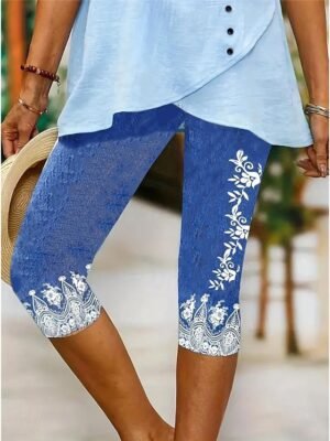 Vintage Fashion Mid Waist Floral Capri Leggings - Image 12