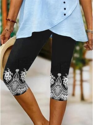 Vintage Fashion Mid Waist Floral Capri Leggings - Image 16