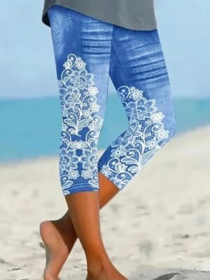 Vintage Fashion Mid Waist Floral Capri Leggings - Image 19