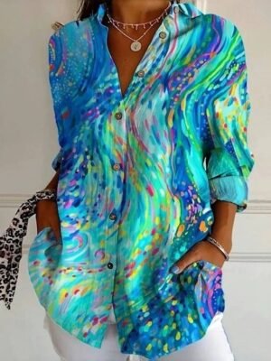 Vintage Form Fit Geometric Shirt Collar Long Sleeve Long Shirt - Image 1