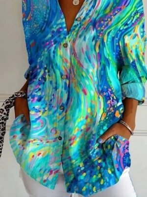 Vintage Form Fit Geometric Shirt Collar Long Sleeve Long Shirt - Image 2