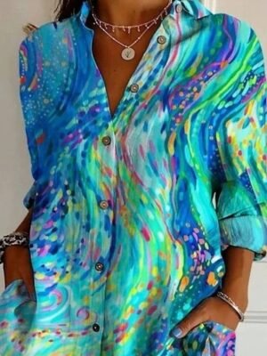 Vintage Form Fit Geometric Shirt Collar Long Sleeve Long Shirt - Image 3
