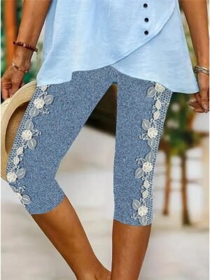 Vintage High Elasticity Floral Mid Waist Calf-Length Capri Leggings - Image 1